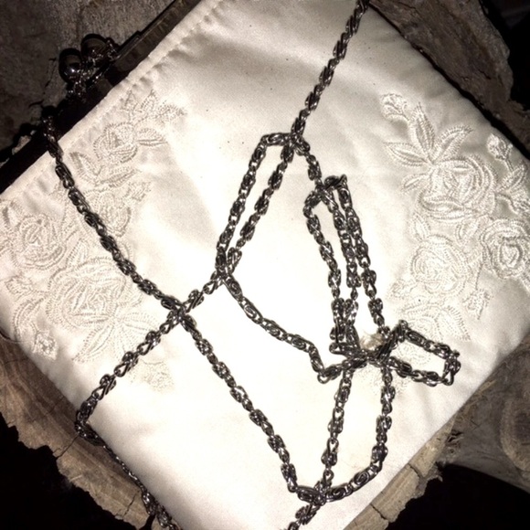 Preston & York Satin Evening Bag Pristine White & Embroidered & Hideaway Chain